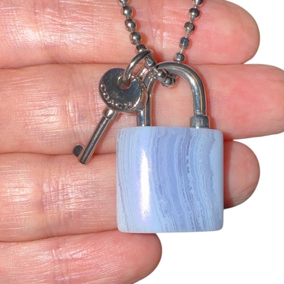Coach Silver Tone Agate Lock and Key Necklace - Picture 3 of 6